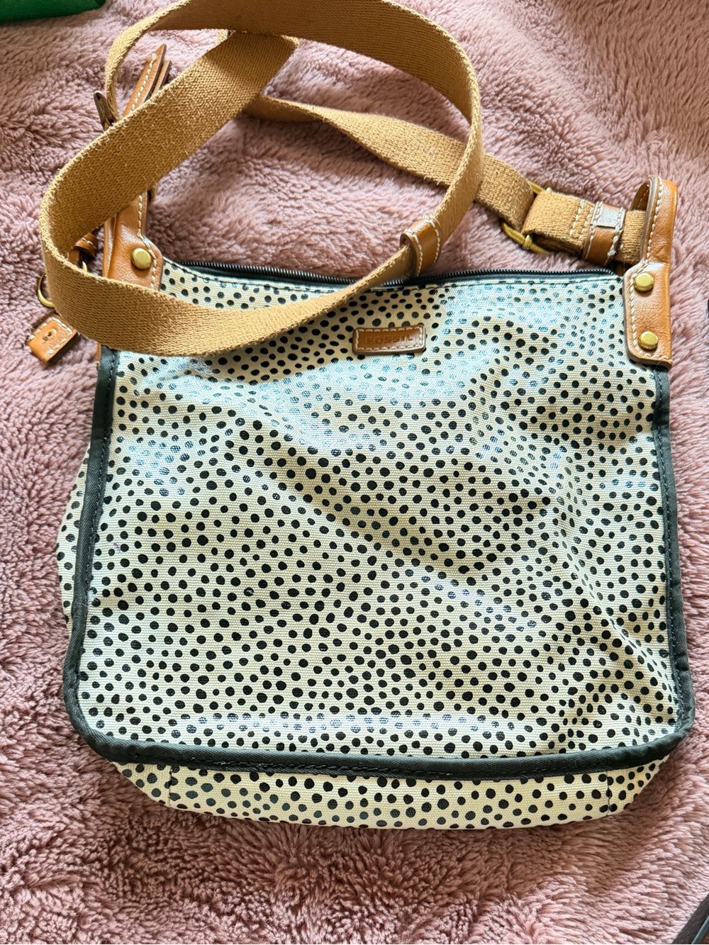 Fossil Cream and Black Polka Dot Crossbody with Tan Strap